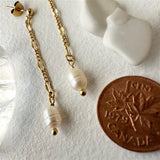 Desdemona Flat Link Patterned Chain and Freshwater Pearl Earrings in Gold and Silver