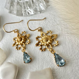 Bordeaux Brass Flower Charm Earrings with Light Sapphire Crystal Drops