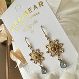 Bordeaux Brass Flower Charm Earrings with Light Sapphire Crystal Drops