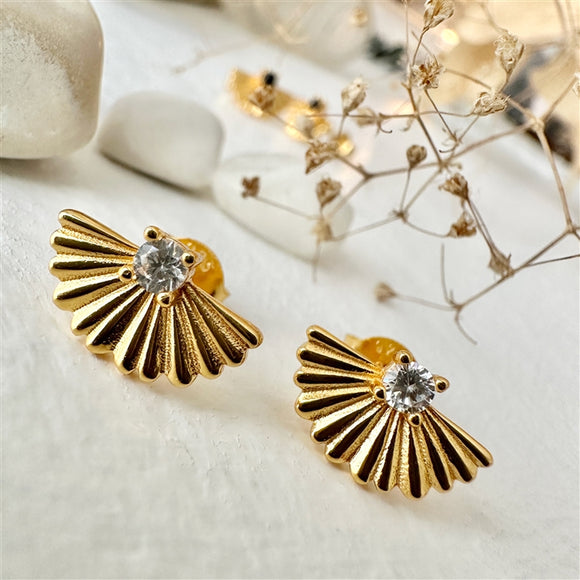 Cristatus Fan Stud Earrings in Gold with Crystal Detail