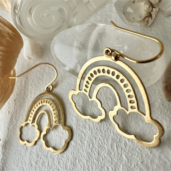 Pileus Raw Brass Cloud and Rainbow Drop Earrings