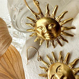 Soleil Raw Brass Sun Face Drop Earrings