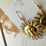 Soleil Raw Brass Sun Face Drop Earrings