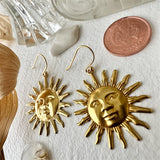 Soleil Raw Brass Sun Face Drop Earrings