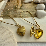 Elizabeth Vintage Heart Shaped Locket Drop Earrings in Raw Brass