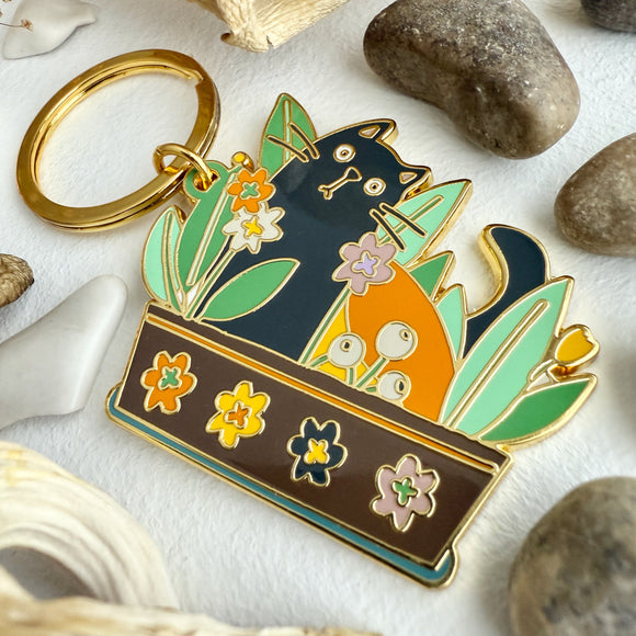Pecan Cat & Flowers Enamel Keychain
